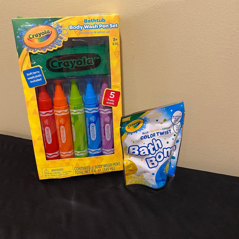 Crayola Body Wash Pen Set - 5 Fruity Scents - Includes Soft Wash Cloth NWT